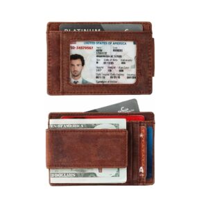 Leather Card Holder Magnetic Front Pocket Money Clip Wallet RFID Blocking Red 4 Card Slots